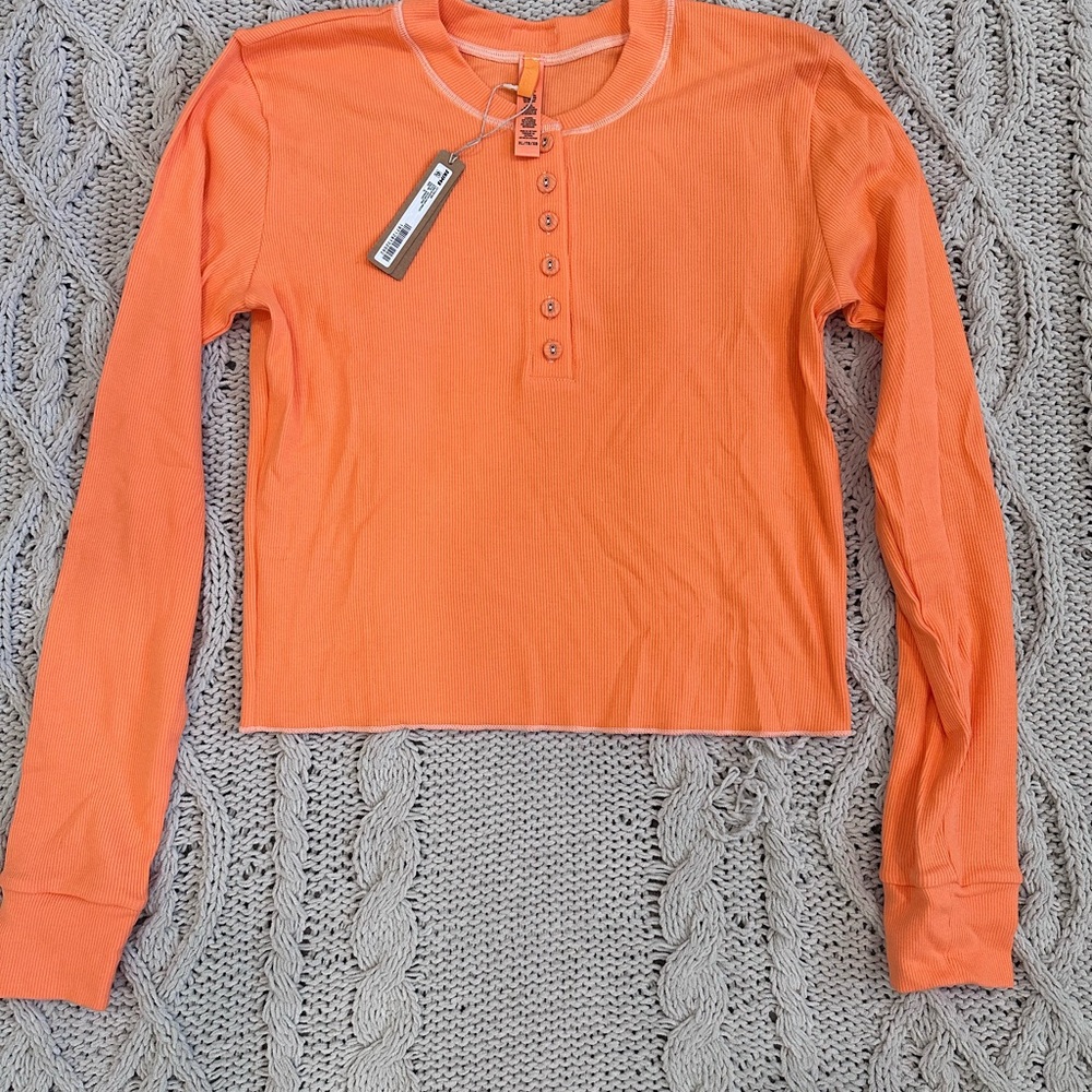 SKIMS Vibrant Orange Ribbed Henley Top